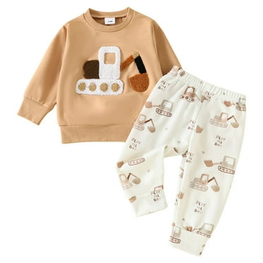 Caqnni Toddler Baby Boy Girl Fall Clothes Cartoon Car Print Long Sleeve Sweatshirt Top Long Pants 2Pcs Set Winter Outfit Fall Winter Set (12-18 Months,A01-Yellow)