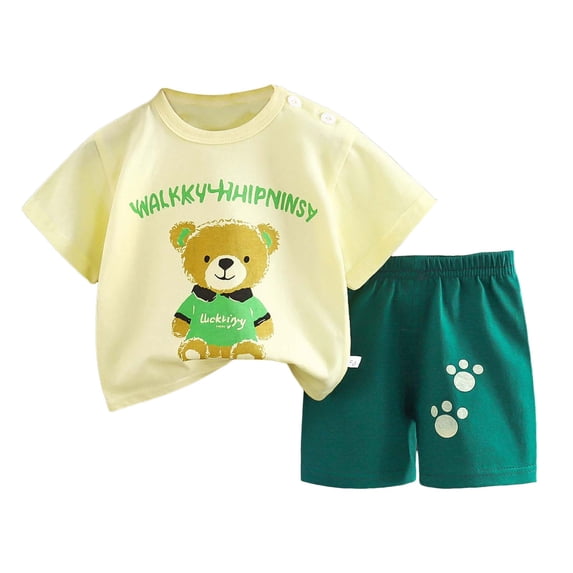 Caqnni Toddler Baby Boy Girls Summer Funny Letter T Shirt Elastic Waist Pockets Elastic Shorts Set 2 Piece Outfit Cartoon Print Summer Pjs Pajamas & Dailywear Set 2-3 Years,Light Yellow