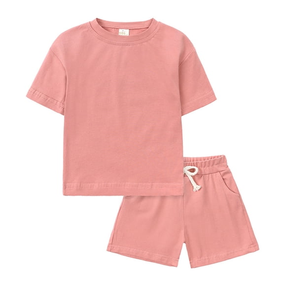 Caqnni Toddler Baby Boy Girls Summer Set Letter Print Crew Neck Short Sleeve T-Shirts Elastic Waist Shorts 2Pcs Outfits Short Sets Pajamas & Dailywear Set 6-7 Years,Light Pink