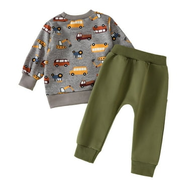 Caqnni Toddler Baby Boy Spring Fall Clothes Pullover Sweatshirt Long Sleeve Shirt and Jogger Pants Sweatsuit Outfits Set Spring Fall 0 -3 Years Cute Car Print Outfits (A01Grey,2-3 Years)