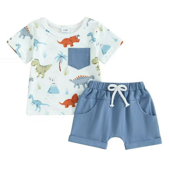 Caqnni Toddler Baby Boy Summer Clothes Dinosaur Print Short Sleeve T Shirt Shorts Set Casual Outfit Crew Neck T Shirt With Shorts Summer Outfit for 12 Months-6 Years 2PCS Outfits (6-12 Months)