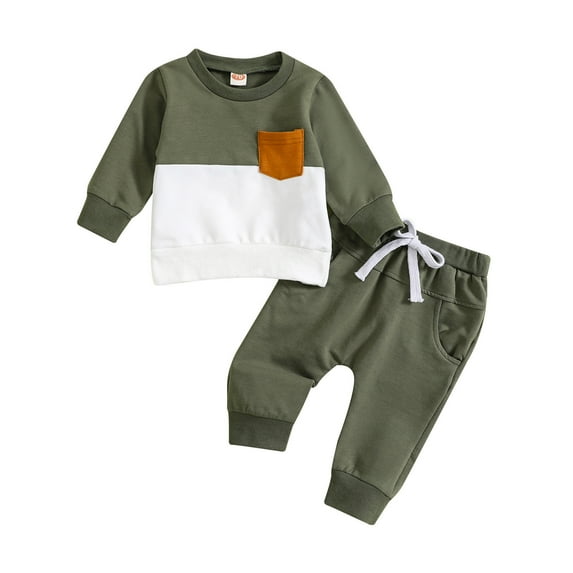 Caqnni Toddler Baby Boys Fall Outfit Set Contrast Color Long Sleeve Sweatshirt Tops and Casual Stretch Pants Set,Size 0 6 12 18 24 M 3 Years (18-24 Months,Green)