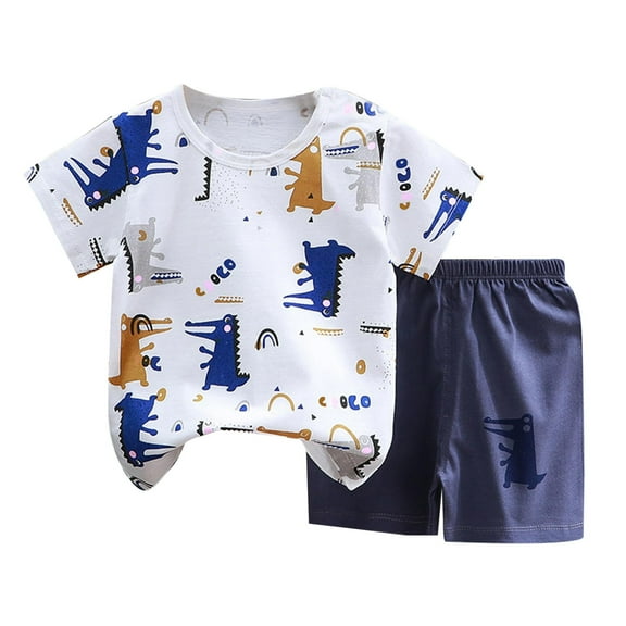 Caqnni Toddler Baby Boys Summer Outfits Short Sleeve Cartoon Print T-Shirt Tops & Shorts Sets 2Pcs Baby Boys Summer Clothes For 1t 2t 3t 4t 5t 6t (A49-Blue,18-24 Months)