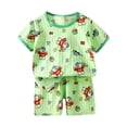 thumbnail image 1 of Caqnni Toddler Baby Girl Summer Clothes Cute Cotton Linen Outfits Bow Short Sleeve Shirts Tops + Ruffle Shorts 2 Piece Set Short T-shirt Sets Green 3-4 Years, 1 of 3