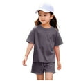 thumbnail image 1 of Caqnni Toddler Baby Girl Summer Outfit Bow Embroidery Short Sleeve T-Shirt Plaid Ruffle Shorts Set Little Girls Clothes Short T-shirt Sets Gray 10-11 Years, 1 of 6