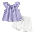 thumbnail image 1 of Caqnni Toddler Baby Girl Summer Short Clothes Ribbed Ruffle Sleeve Tops+Elastic Drawstring Short Shorts Two Piece Solid Outfit Set Short T-shirt Sets Purple 6-12 Months, 1 of 9