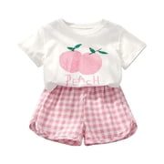 Caqnni Toddler Baby Girl Summer Short Clothes Ribbed Ruffle Sleeve Tops+Elastic Drawstring Short Shorts Two Piece Solid Outfit Set Short T-shirt Sets Pink 12-18 Months