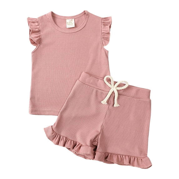 Caqnni Toddler Baby Girls Summer Clothes Short Sleeve Pull On T-shirt & Drawstring Shorts Plaid 2Pcs Outfits Set Short T-shirt Sets Brown 2-3 Years