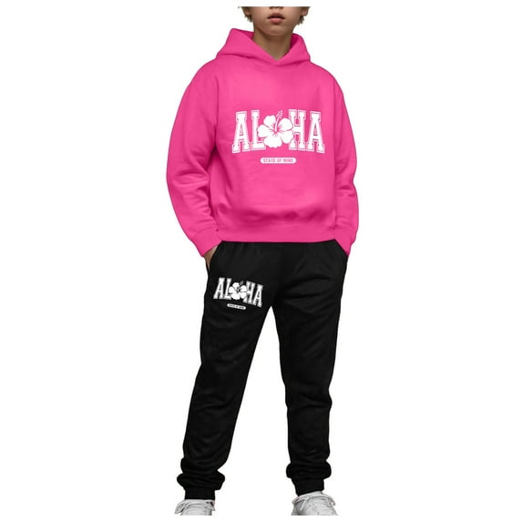 Caqnni Toddler Boy Clothes Long Sleeve Color Block Crewneck Sweatshirt Pants Set Fall Winter Outfits Fall Winter Set Children's Thermal Underwear Se(Hot Pink,7-8 Years)