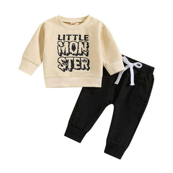 Caqnni Toddler Boy Fall-Winter Outfits Jogger Pants Sets Toddler Boy Long Sleeve Tops Elastic Ripped Jogger Pants 2PCS Set (Beige,6-12 Months)