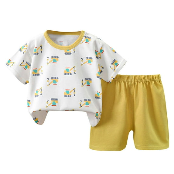Caqnni Toddler Boy Girl Summer Outfits Baby Clothes Short Sleeve T-shirt Top Elastic Waist Shorts Set 2pcs Cartoon Print Striped Outfit Children's Day Gift 2PCS Set (Light Yellow,4-5 Years)