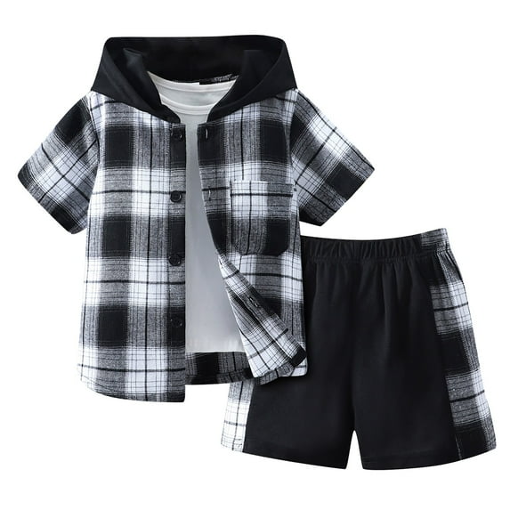 Caqnni Toddler Little Boy Summer Outfit Contrast Color Short Sleeve Plaid Hoodie Sweatshirts Stretch Jogger Shorts Clothes Plaid Hoodie 2Pcs Set Spring (A010-Black,6-7 Years)