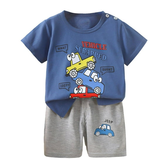 Caqnni Toddler Boy's Girls Short Sleeve T-Shirt and Short Set Girls Summer Cartoon Prints Tops Elastic Shorts for Children Clothes Summer Pjs Pajamas & Dailywear Set 3-4 Years,Navy