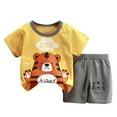 thumbnail image 1 of Caqnni Toddler Baby Boy Girl Summer Clothes Checkerboard Print Short Sleeve T-Shirt Tee Tops Rolled Shorts Cartoon Print Outfits Striped Outfit (Yellow,2-3 Years), 1 of 4