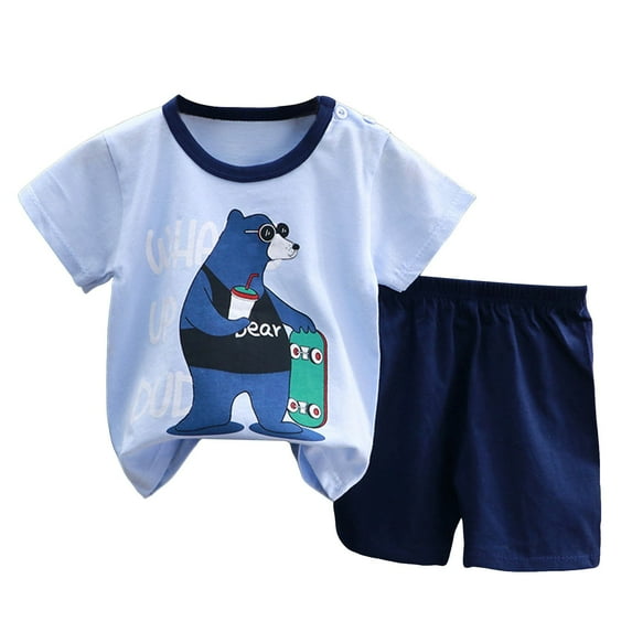 Caqnni Toddler Boys Girls 2pcs Outfits Set Short Sleeve Dinosaur Print Tops+ Shorts Toddler Summer Clothe Cute For 2t 3t 4t 5t 6t Pajamas & DailywearChildren's Gift 2PCS Set (Blue,9-18 Months)