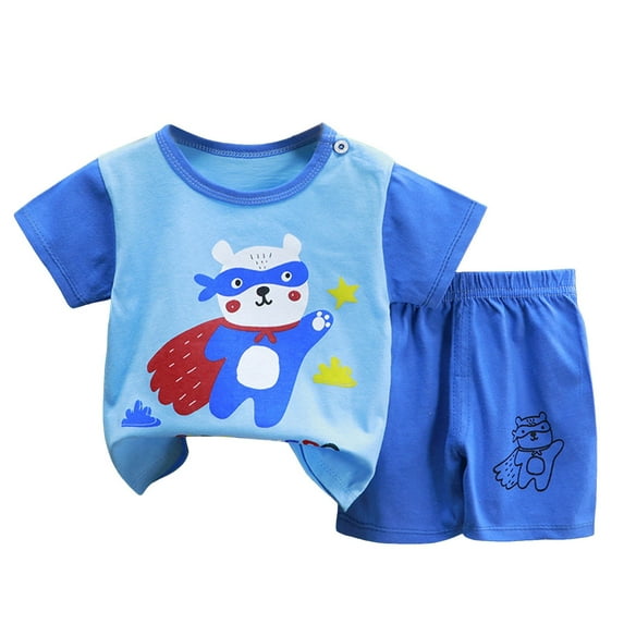 Caqnni Toddler Boys Girls 2pcs Outfits Set Summer Pj's Short Sleeve Dinosaur Print Tops+ Shorts Cute Summer Print Set Pajamas & Dailywear (Blue,3-4 Years)
