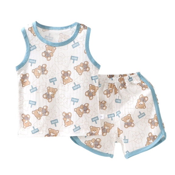 Caqnni Toddler Boys Girls Clothes Set Short Sleeve T-shirt Top Elastic Waist Pocket Elastic Shorts Solid 2Pcs Outfits Cartoon Print Summer Pjs Pajamas & Dailywear Set 3-9 Months,Light Blue