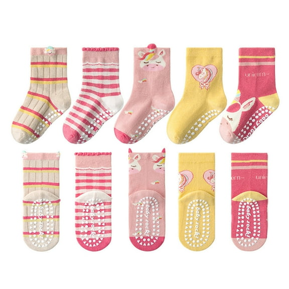 Caqnni Toddler Grip Socks Non Slip Crew Cute Seamless Cotton Socks for Baby Boys Girls Kids 5 Pairs for 1-16 Years 5 Pairs All Seasons GIFT FOR BOYS/GIRLS,3-5 Years