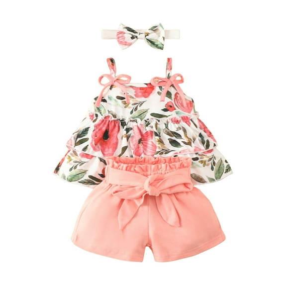 Caqnni Toddler Kid Girl Outfits Clothes Floral Short Sleeve T-Shirt Top + Waist Pocketed Summer Short Sets 4-7T Girl Clothes T-Shirt Set Pink 3-6 Months