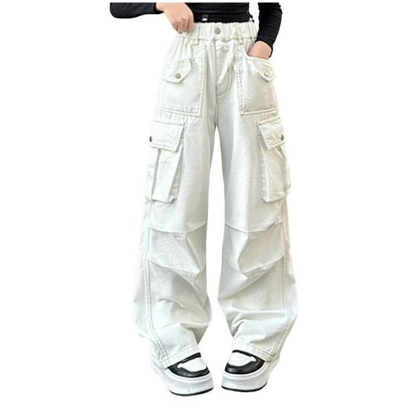 Caqnni Toddler Kids Casual Pants Cargo Pants for Girls Cargo Jogger Pants Girls Elastic Waist Cargo Pants with Pockets Cargo Jeans Streetwear Jeans,12-13 Years,White