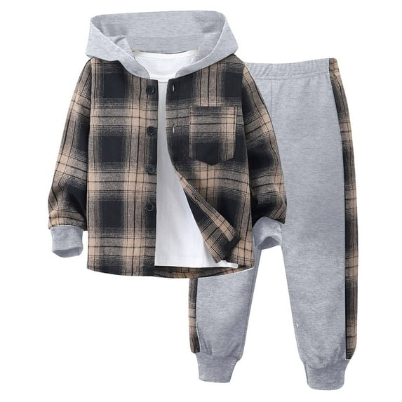 Caqnni Toddler Kids Toddler BoysFall Plaid Hoodie Outfits 1T 2T 3T 4T 5T Long Sleeve Tops Drawstring Pants Winter Clothes Plaid Hoodie Sets (2-3 Years,A16-Khaki)