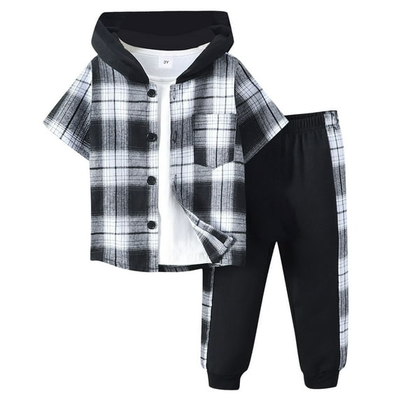Caqnni Toddler Little Boy Spring Summer Clothes Plaid Hoodie Sweatshirt Top and Pants 2PCS Plaid Hoodie Outfits Plaid Hoodie Set 2-9 Years (A01-Black,4-5 Years)