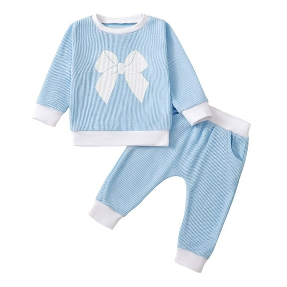 Caqnni Toddler Long Sleeve Sweater Blouse Pullover Sweatshirt Elastic Pants Warm Clothes Set Baby Girl Clothes 2PCS Outfits for Girls 6 9 12 18 24 Months，Light Blue，12-18 Months