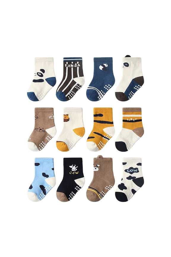 Toddler Socks with Grippers for Boys Girls, Kids Non Slip Grip Boys Socks 12 Pairs Half Cushion Crew Athletic Sock Indoor&Outdoor Wear for 0-7 Years 6 Pairs Children's Gift,5-7 Years