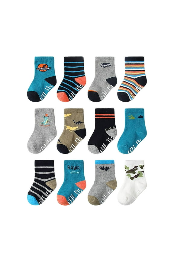 Toddler Socks with Grippers for Boys Girls, Kids Non Slip Grip Boys Socks 12 Pairs Half Cushion Crew Athletic Sock Indoor&Outdoor Wear for 0-7 Years 6 Pairs Children's Gift,5-7 Years