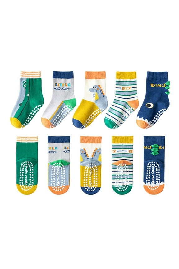 Toddler Socks with Grippers for Boys Girls, Kids Non Slip Grip Boys Socks 5 Pairs Half Cushion Crew Athletic Sock Indoor&Outdoor Wear for 1-16 Years 5 Pairs All Seasons,1-3 Years