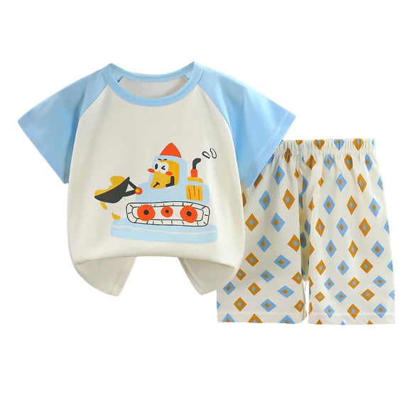 Caqnni Toddler Summer Pajamas Set For 5-6 Years Toddler Boy Summer Outfit Short Sleeves T-Shirt Tank Tops Elastic Waist Shorts Set Cartoon Print 2PCS Set Dailywear Set