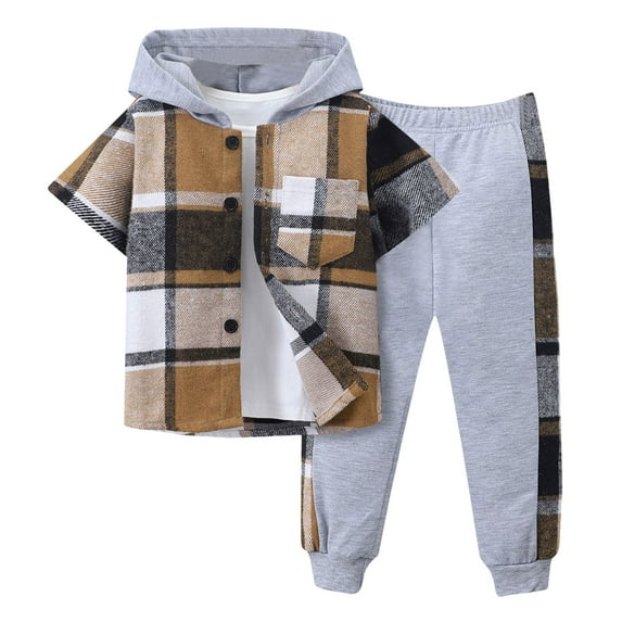 Caqnni Toddler Toddler Boy Outfit Short Sleeve Plaid Hoodie Sweatshirts Pants Clothes Plaid Hoodie Set Boys Spring Summer 2PCS 2-9 Years (A06-Khaki,2-3 Years)