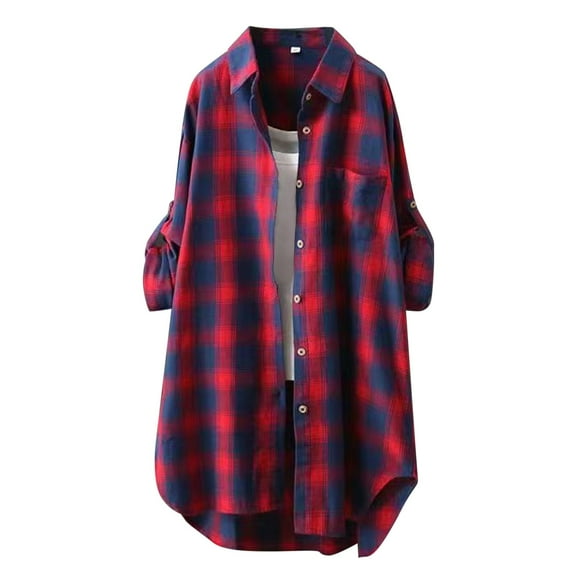 Caqnni Women Long Flannel Plaid Jacket Button Up Shirt Shacket Jacket Elegant Vintage Trench Coat (Red,XXL)