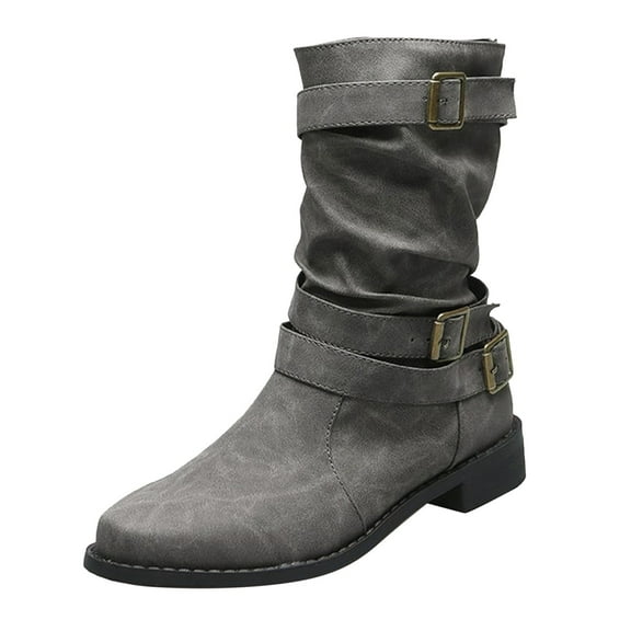 Caqnni Women's Ankle Boots,Round Toe Low Heel Comfort Elastic Booties with Side Zipper Buckle Strap Fall Winter Ankle Boots (9,Grey)