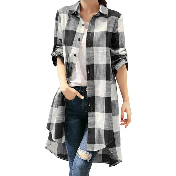 Caqnni Women's Brushed Plaid Shirts Long Sleeve Flannel Lapel Button Up Cardigan Boyfriend Shacket Jacket Coats Long Coats (Black,L)