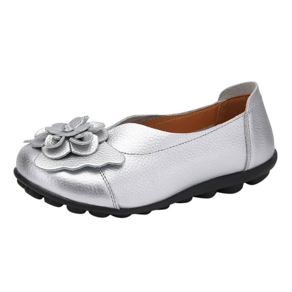Caqnni Women's Fashion Comfortable Loafers Leather Penny Loafers Office Shoes Flats Shoes Dress Shoes (8.5,Silver)