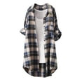 thumbnail image 1 of Caqnni Women's Plaid Flannel Shirts Roll Up Long Sleeve Blouse Regular Fit Long Coats (Blue,L), 1 of 3