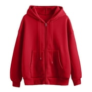 Caqnni Women's Soft Hooded Sweatshirt with Pocket Casual Zip up Athletic Hoodie (Red,M)