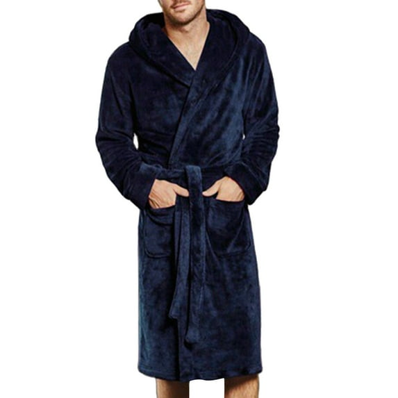 Caqnni Womens and Mens Fleece Hooded Long Robe Winter Warm Plush Bathrobe Soft Fuzzy Loose Fit Nightgown with Pocket and Belt For Home and Spa Christmas Gift Bathrobe Home Wear (A129-Blue,L)