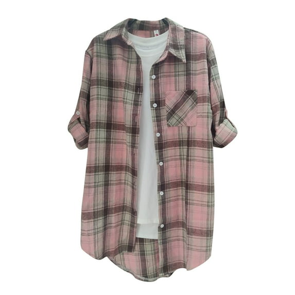 Caqnni Womens Plaid Shacket Brushed Flannel Shirt Jacket Mid Long Wool Blend Tartan Long Coats (Pink,L)