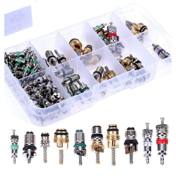 Car A/C Valve Core Kit 102 Pcs with 2 Blue Caps in Plastic Box, R134a/R12 Compatible, Copper Cores, 20mm Core Length