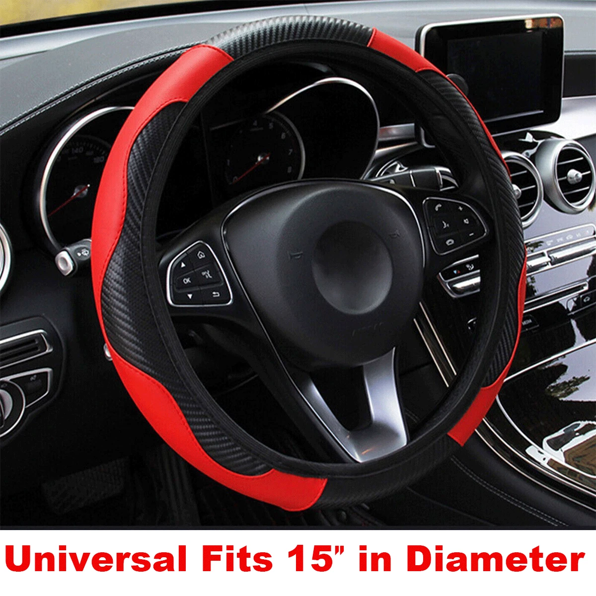 Car Accessories Steering Wheel Cover Red Leather Anti-Slip 15''/38Cm Universal