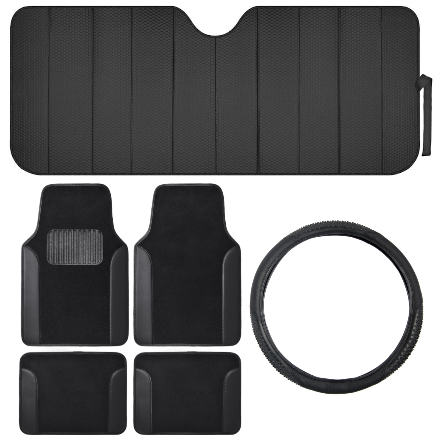 Car Accessory Gift Set, Includes Motor Trend Auto Sunshade, Two-Tone Carpet Floor Mats & Steering Wheel Cover, Holiday Combo Pack for Autos Truck Van SUV