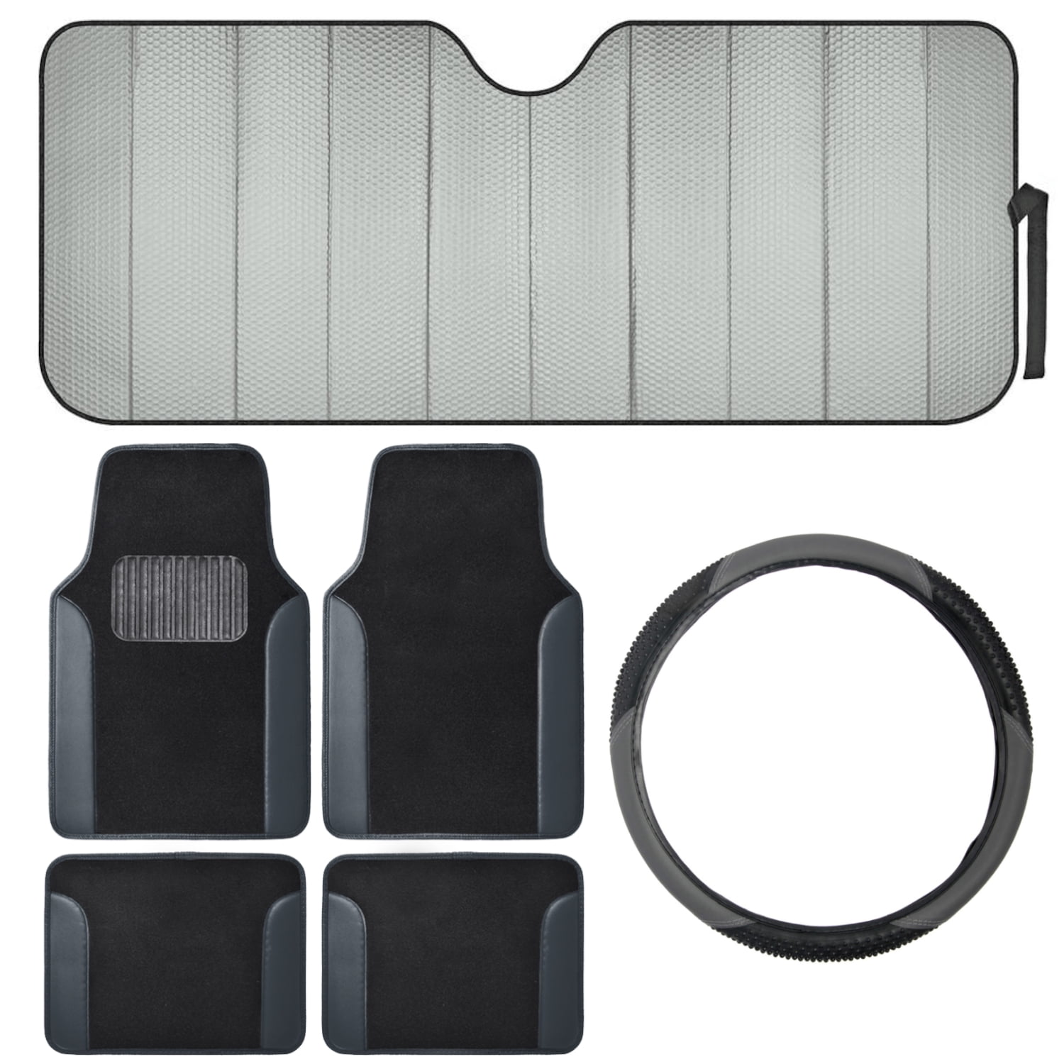 Car Accessory Gift Set, Includes Motor Trend Auto Sunshade, Two-Tone Carpet Floor Mats & Steering Wheel Cover, Holiday Combo Pack for Autos Truck Van SUV