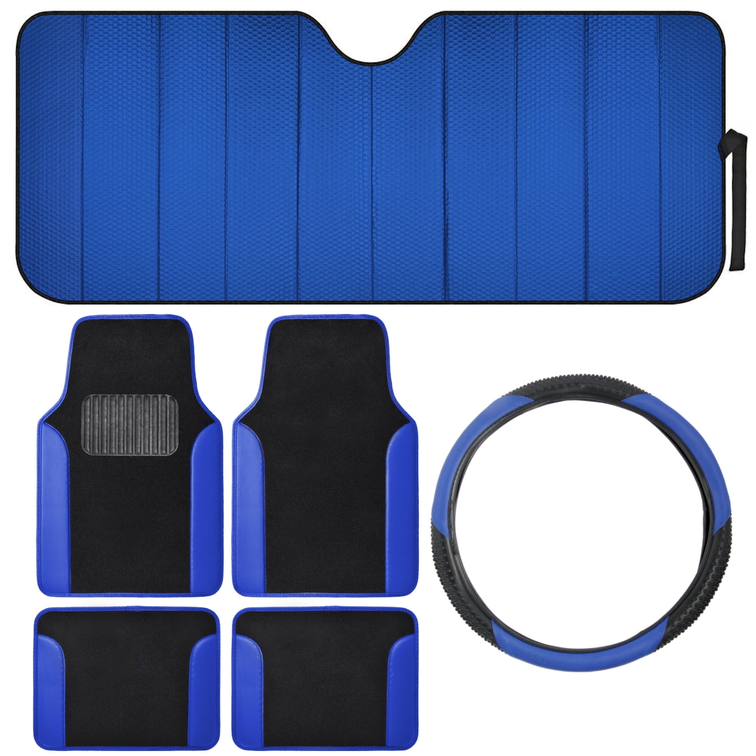 Car Accessory Gift Set, Motor Trend Auto Sunshade, Two-Tone Carpet Floor Mats & Steering Wheel Cover