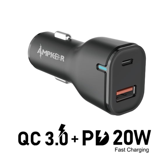 Car Adapter Dual Port QC 3.0 + PD 20W Fast Charging Adapter Universal Lighter Adapter Compatible with Apple, iPhone, iPad Mini/Pro, Samsung, Google & More [Black]