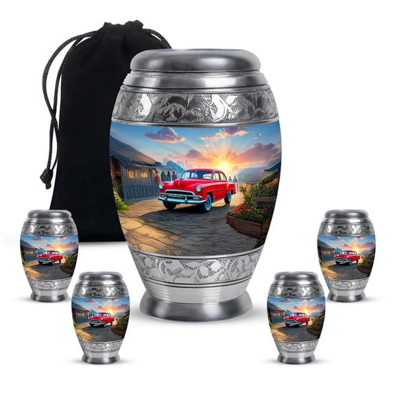 Car Adult Cremation Funeral Urn for Human Ashes, Keepsake Memorial Gift, Beautiful Mini Urns for Ash Container, Combo, Blue (10 Inch & 3 Inch Mini Set of 3)