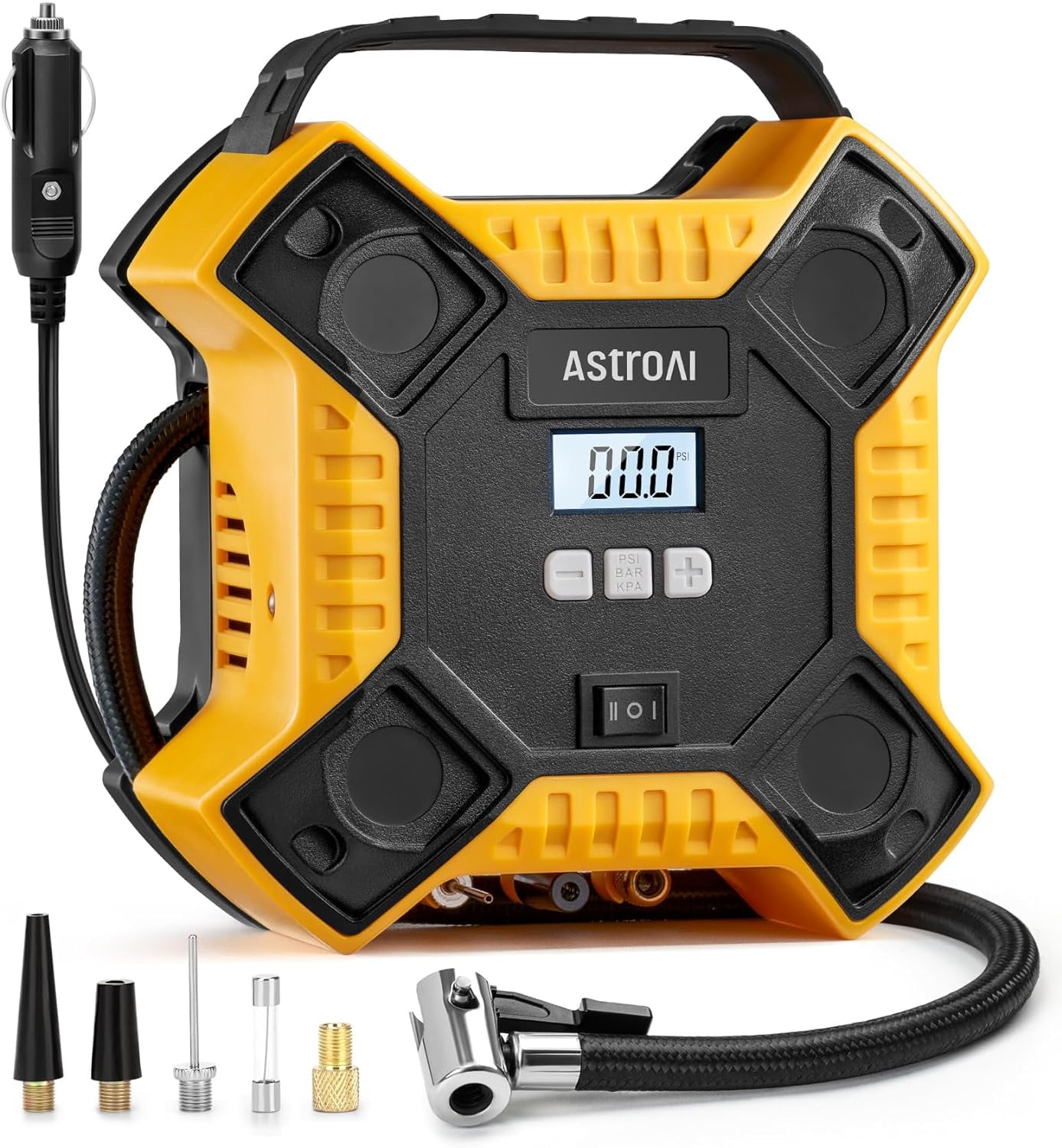 AstroAI Tire Inflator PortableAir Compressor 160PSI, 12V DC (NO AC) 10Ft Cord with Integrated Metal Structure, LED Light Air Pump for Car Tires, Bicycles, Motorcycles and Other Inflatables(Yellow)