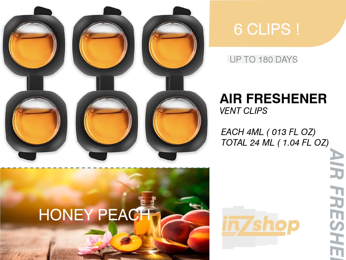 Car Air Freshener, New Car Scent Air Freshener Clip  6 Vent Clips, 4ml Each, Delivering Extended Car Refreshment and Efficient Odor Elimination for Up to 150 Days. (Honey peach)