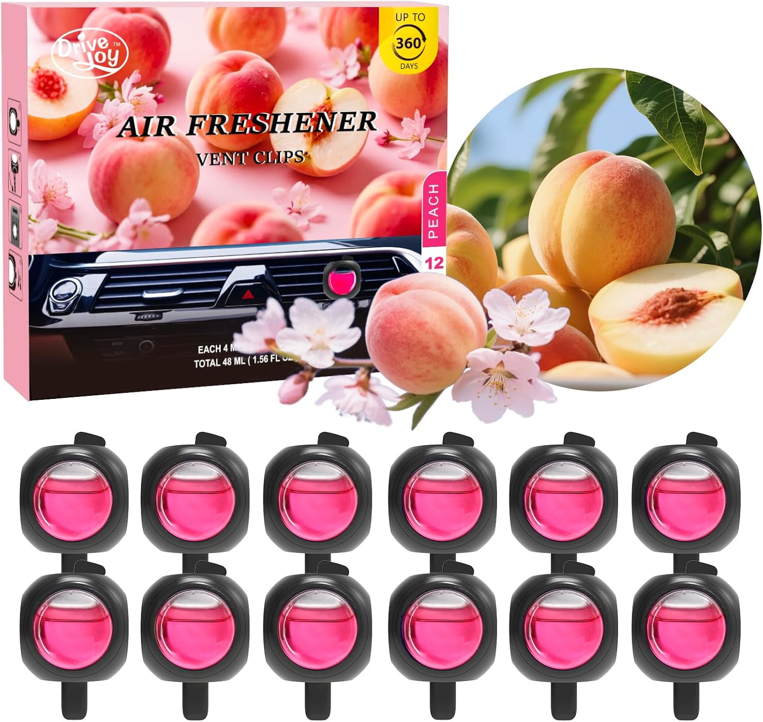 Car Air Freshener Vent Clips, 12 Pack, Peach, Provides Long-Lasting Scent, Up to 360 Days, Car Fresheners